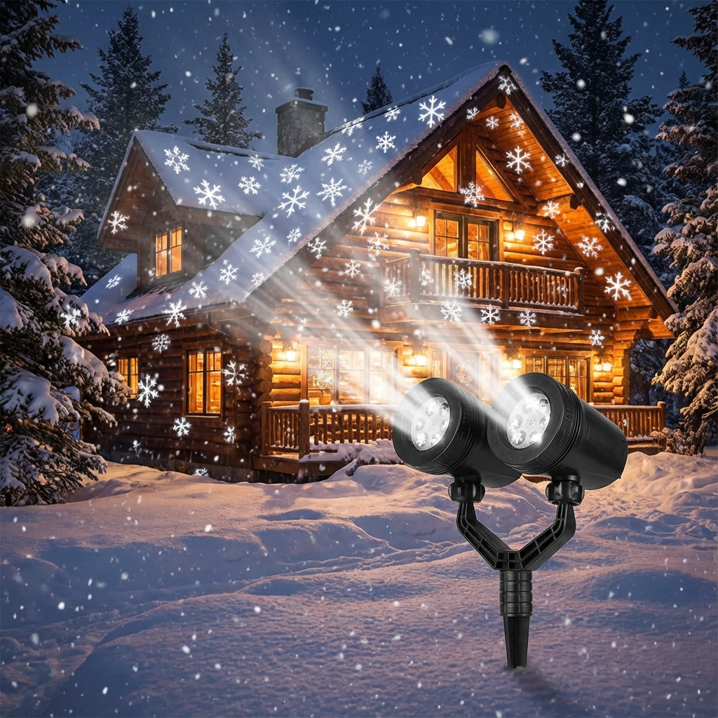 Snowflake projector emitting snowflakes onto a wooden cabin in a snowy landscape.